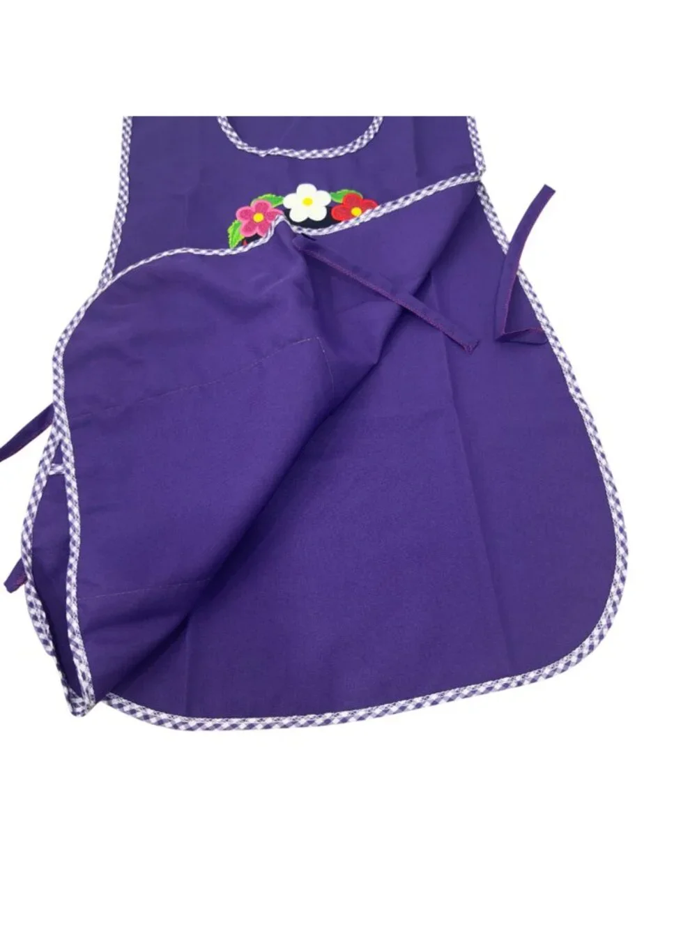 Apron Women Purple Embroidered Frida Design Front Pocket Gingham Trim One Size